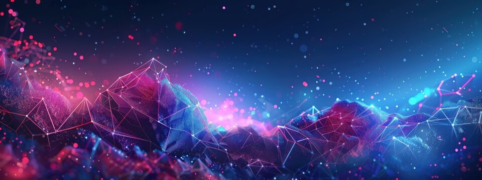 A colorful, abstract image of mountains and clouds with a blue sky background. The mountains are made up of small, colorful shapes that seem to be floating in the sky. Scene is one of wonder and awe
