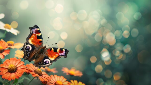 Butterfly Junonia almana on flowers with space for text