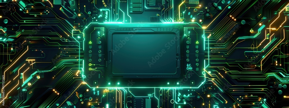 Poster a computer chip with a green screen on it. concept of technology and innovation