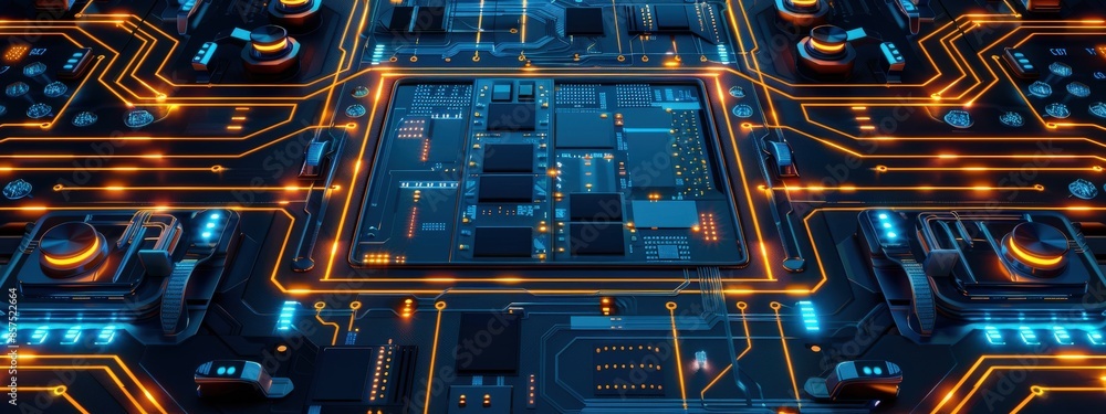 Poster a computer chip with a blue background and orange lines. the chip is made up of many small squares a