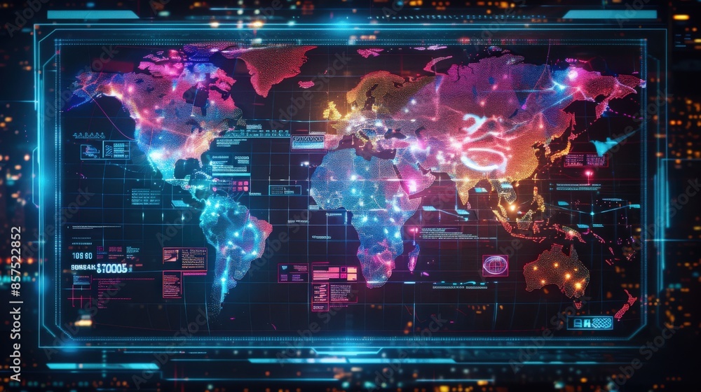 Poster a computer generated image of the world with a blue and orange background. the blue and orange color