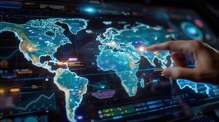Fototapeta premium A computer generated image of the world with a blue and orange background. The blue and orange colors give the image a futuristic and technological feel