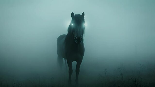 The eerie glow of the phantom horses eyes seemed to pierce through the fog beckoning anyone who dared to come closer.