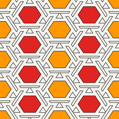 Contemporary honeycomb geometric pattern. Repeated hexagon ornament. Modern mosaic tiles background. Seamless surface abstract design. Geo wallpaper. Digital paper, textile print. Vector illustration