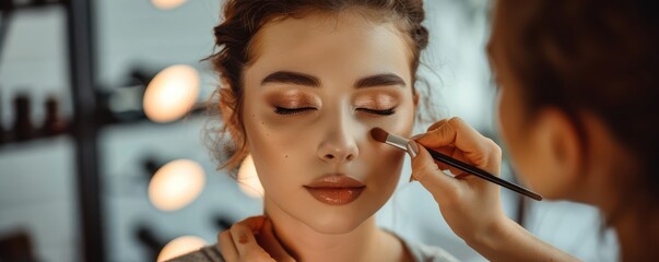 The close-up shot captures the delicate process of makeup application, focusing on the woman's serene face with closed eyes, highlighting the professional technique and artistry involved.