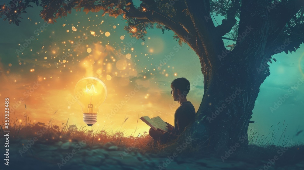 Poster a boy is sitting under a tree reading a book. the tree is lit up with a light bulb, creating a whims
