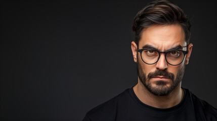 Obraz premium A serious man with glasses and a beard, dressed in a black shirt, poses against a dark background