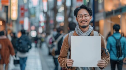 A young man is holding a white sign in a busy city street. The sign is blank, but the man is smiling, suggesting that he is happy or excited about something. The scene is lively and bustling