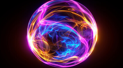 A colorful sphere with a purple and orange swirl. The sphere is surrounded by a blue and orange glow