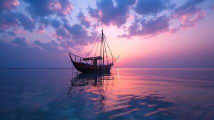 Fototapeta premium Sailboat in the sea in the evening sunlight