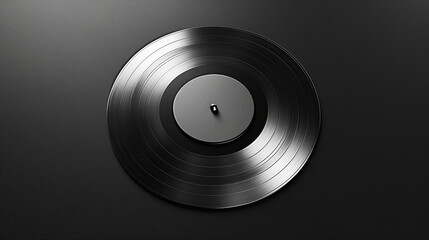 A black record with a silver center sits on a black surface. The record is old and worn, with a few scratches and dents. Concept of nostalgia and a longing for the past