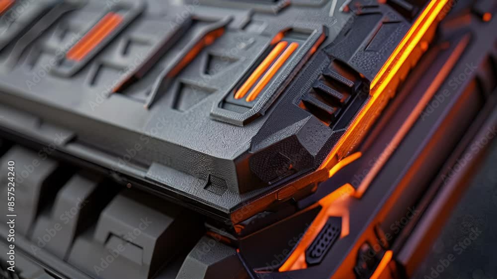 Poster a detailed capture of the vertical ridges and horizontal grooves on the side of the battery pack pro