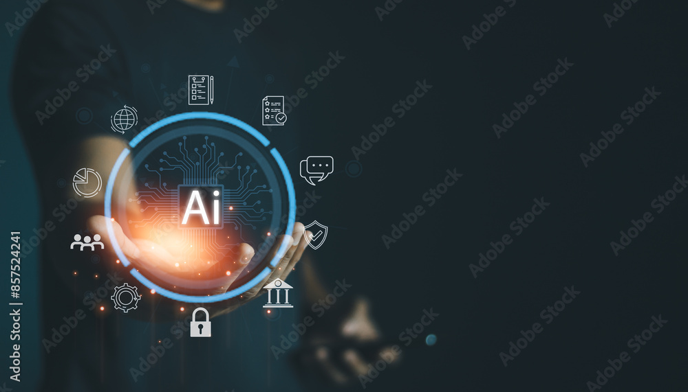 Fototapete Artificial Intelligence Concept. Technology and people concepts man use AI to help work, AI tech expert for modern business, internet, and global networking. AI learning technology in everyday life.