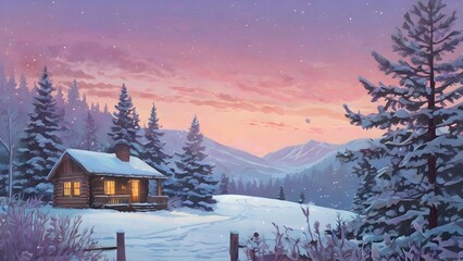 Fototapeta premium A cozy cabin adorned with twinkling lights and wreaths, nestled among snow-covered pine trees.