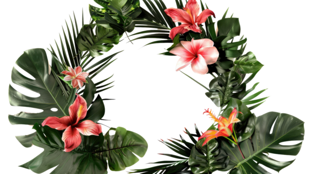 Tropical wreath of plants flowers and exotic leaves on a transparent background