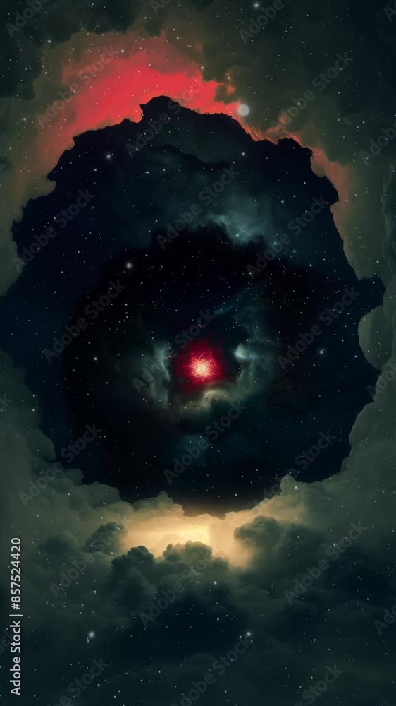 Wall mural a slow push through cosmic cloud rings toward a fictitious red core of pulsing cosmic energy. includ
