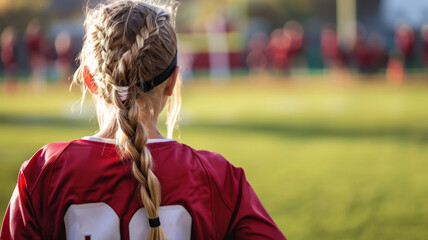 Closeup picture at waist level of high school aged girl in flag football uniform standing on field