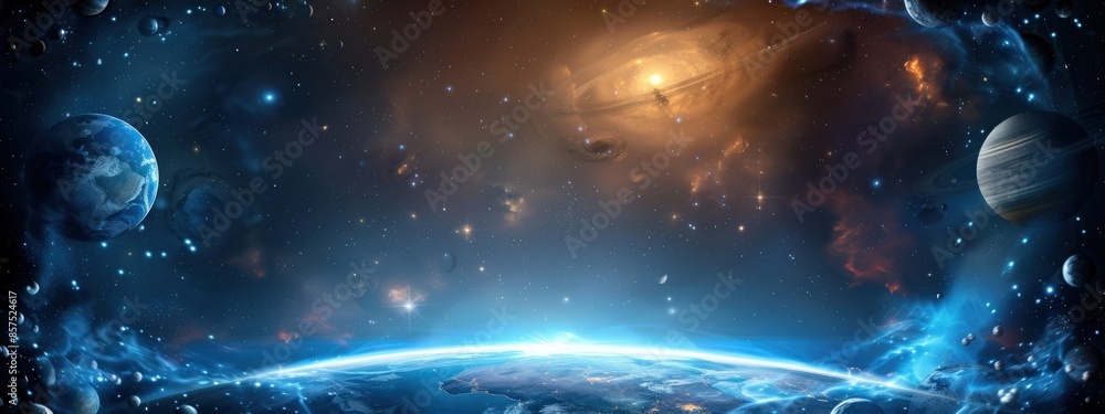 Poster a blue background with a planet and stars. the planet is in the middle of the background and the sta