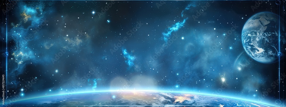 Poster a blue background with a planet and stars. the planet is in the middle of the background and the sta