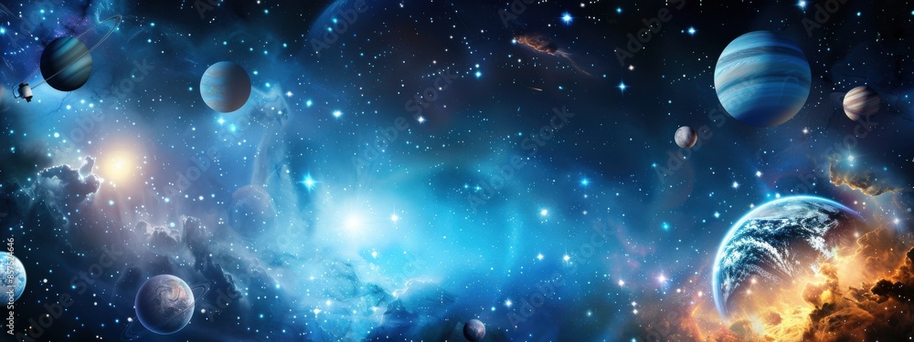 Poster a blue background with a planet and stars. the planet is in the middle of the background and the sta