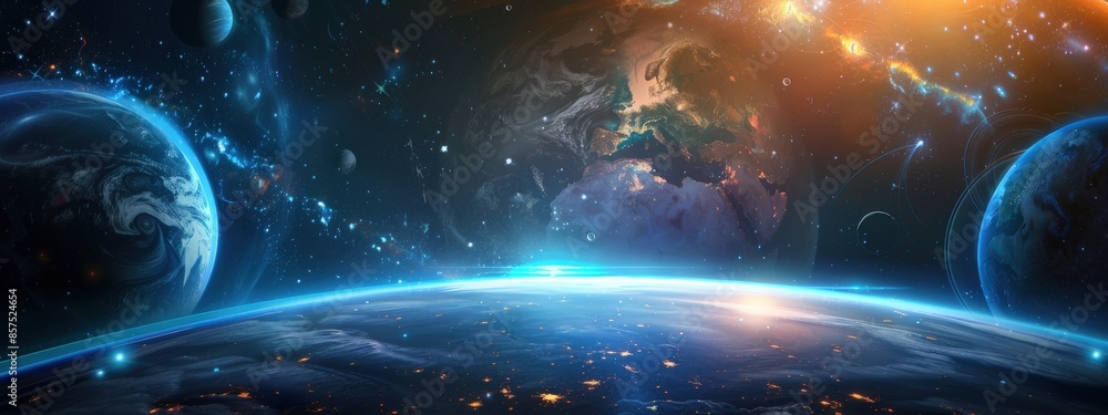 Poster a blue background with a planet and stars. the planet is in the middle of the background and the sta