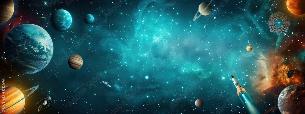Poster a blue background with a planet and stars. the planet is in the middle of the background and the sta