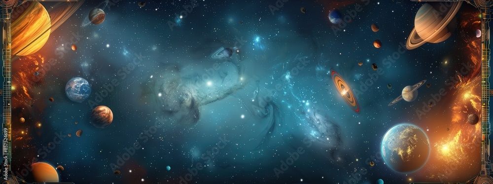 Poster a blue background with a planet and stars. the planet is in the middle of the background and the sta