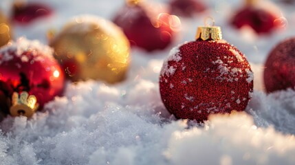 Red and Gold Christmas Ornaments in Snow, Generative AI