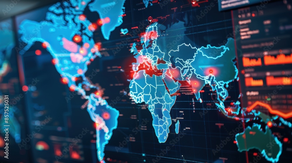 Poster a computer monitor displays a map of the world with a blue and orange background. the map is filled 