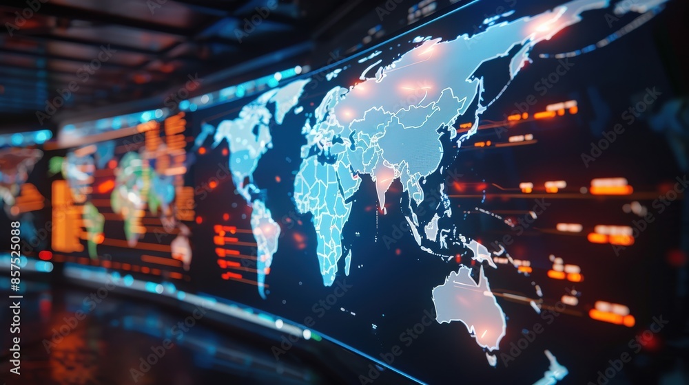 Poster a computer monitor displays a map of the world with a blue and orange background. the map is filled 