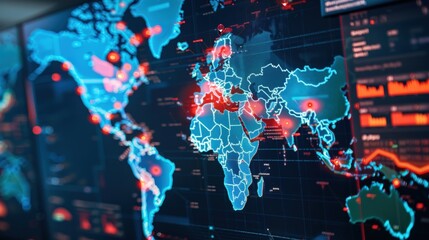 Fototapeta premium A computer monitor displays a map of the world with a blue and orange background. The map is filled with various data points and lines, giving the impression of a complex and interconnected system