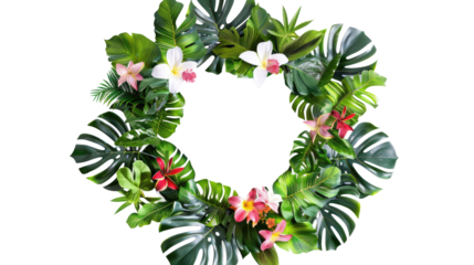 Tropical wreath of plants flowers and exotic leaves on a transparent background
