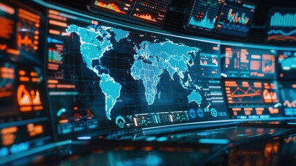 A computer monitor displays a map of the world with a blue and orange background. The map is filled with various data points and lines, giving the impression of a complex and interconnected system