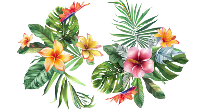 Tropical wreath of plants flowers and exotic leaves on a transparent background