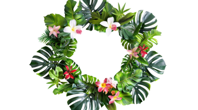 Tropical wreath of plants flowers and exotic leaves on a transparent background