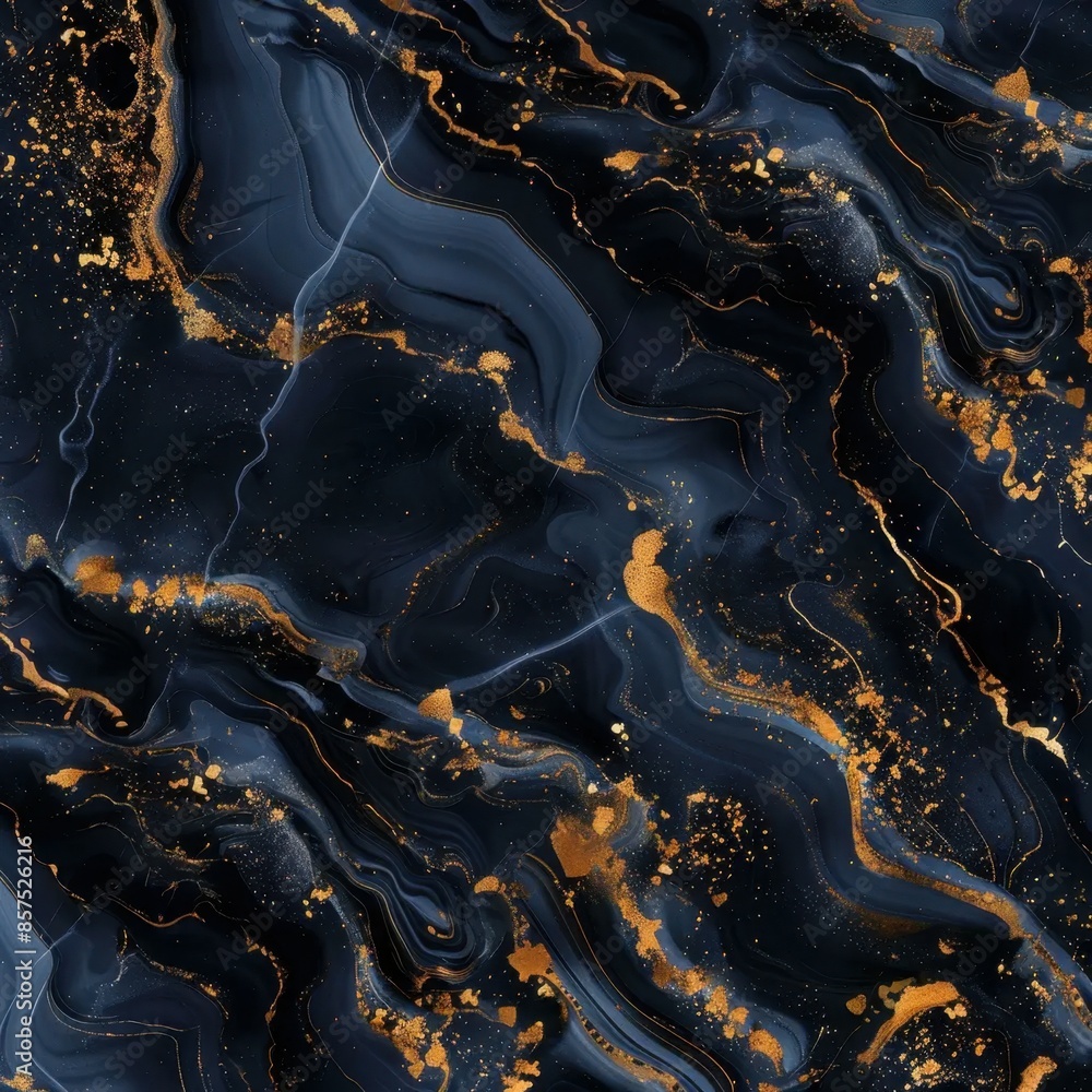 Poster abstract dark marble pattern with fluid black and blue swirls, accented by striking gold splatter, c