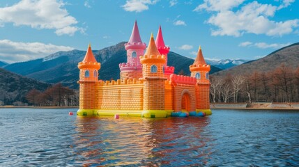 Enchanting inflatable castle floating on serene lake surrounded by mountains and trees under bright blue sky, perfect for summer fun and relaxation.