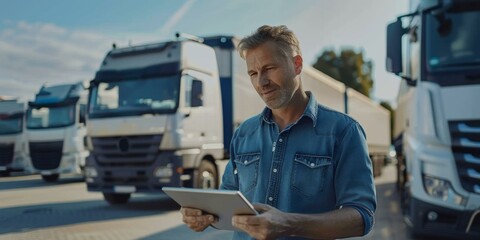 Focused Caucasian delivery specialist in denim shirt using tablet near trucks, checking cargo details and setting up navigation, logistics theme.