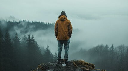Solitary man in brown jacket stands on misty mountain peak, facing foggy forest below, embodying...