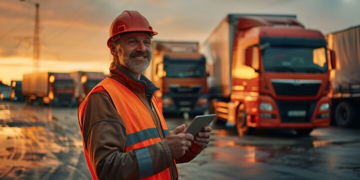 Experienced white delivery specialist using tablet computer to set up navigation, checking cargo details at sunset in logistics truck depot
