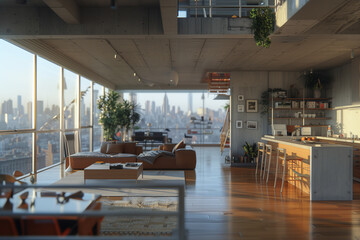Modern New York City apartment with concrete textures, minimalist aesthetic, natural light through floor-to-ceiling windows, open-plan layout, sleek furniture, and a neutral color palette.
