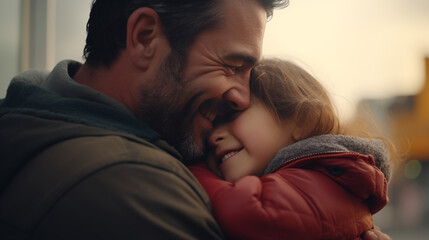 A tender moment of a father and daughter hugging, both gazing at the camera with joy, with copy space for text.