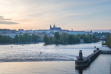 Prague Castle with Vltava river at sunset, Prague, Czech Republic, Europe.