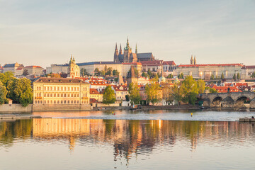 Fototapeta premium Prague Castle with Vltava river at sunrise, Prague, Czech Republic, Europe.