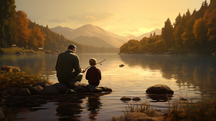 A tutor and an autistic boy enjoying a calm moment by a lakeside, the tutor skipping stones while the boy watches with fascination.