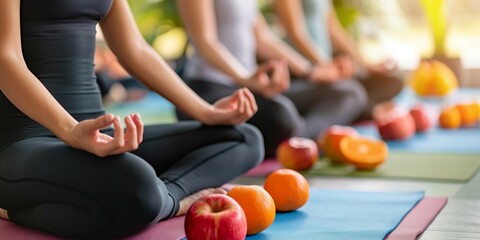 A group of people practicing meditation while sitting on yoga mats in a tranquil studio setting, surrounded by various fruits like apples and oranges to promote wellness.