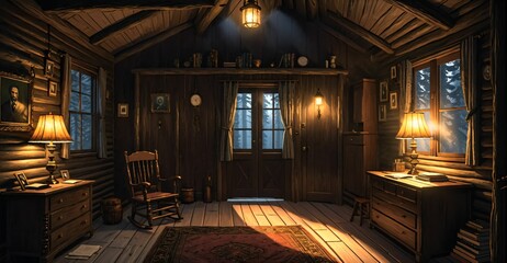 interior of modern cabin living room in secluded forest woods. furniture interior design and decor of mansion house lodge with glass window walls and wood floor roof.