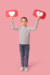 Little girl with heart like and dislike icons on pink background