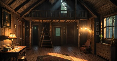 interior of modern cabin living room in secluded forest woods. furniture interior design and decor of mansion house lodge with glass window walls and wood floor roof.