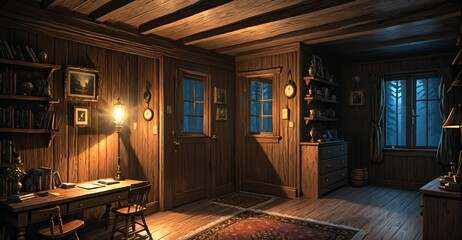 interior of modern cabin living room in secluded forest woods. furniture interior design and decor of mansion house lodge with glass window walls and wood floor roof.